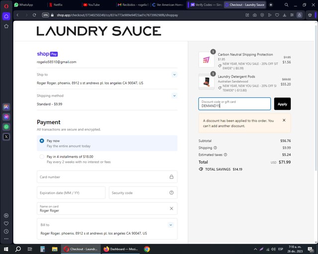Laundry Sauce checkout page showing Laundry Sauce discount code box | Screenshot taken by SimplyCodes community member on Dec 26, 2023