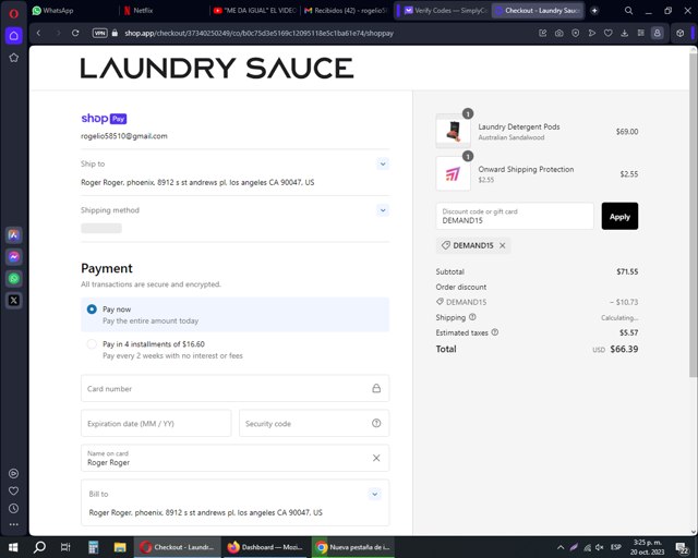 Laundry Sauce checkout page showing Laundry Sauce discount code box | Screenshot taken by SimplyCodes community member on Oct 20, 2023
