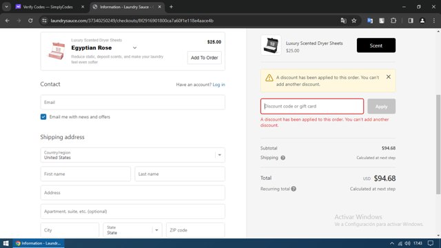 Laundry Sauce checkout page showing Laundry Sauce discount code box | Screenshot taken by SimplyCodes community member on Jan 2, 2024