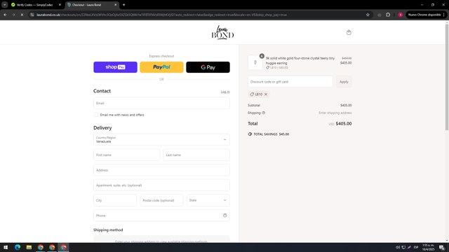 Laura Bond checkout page showing Laura Bond discount code box | Screenshot taken by SimplyCodes community member on Apr 16, 2025