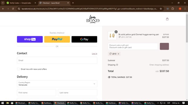 Laura Bond checkout page showing Laura Bond discount code box | Screenshot taken by SimplyCodes community member on Jan 29, 2025