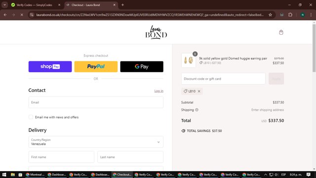 Laura Bond checkout page showing Laura Bond discount code box | Screenshot taken by SimplyCodes community member on Jan 29, 2025