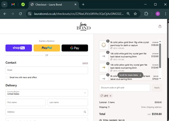 Laura Bond checkout page showing Laura Bond discount code box | Screenshot taken by SimplyCodes community member on Apr 22, 2025