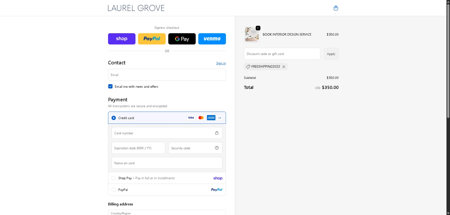 Laurel Grove Shop promo code screenshot showing code FREESHIPPING2022 applied at Laurel Grove Shop checkout page. Uploaded by SimplyCodes community member PromoElite4745 on Apr 2, 2026