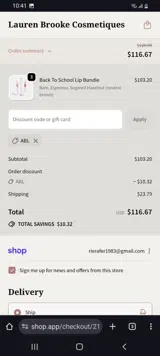 Lauren Brooke Cosmetiques coupon verification screenshot