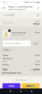 Lauren Brooke Cosmetiques coupon verification screenshot
