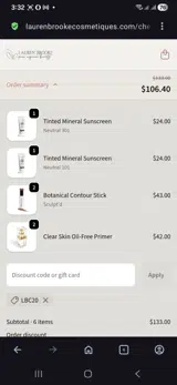 Lauren Brooke Cosmetiques coupon verification screenshot