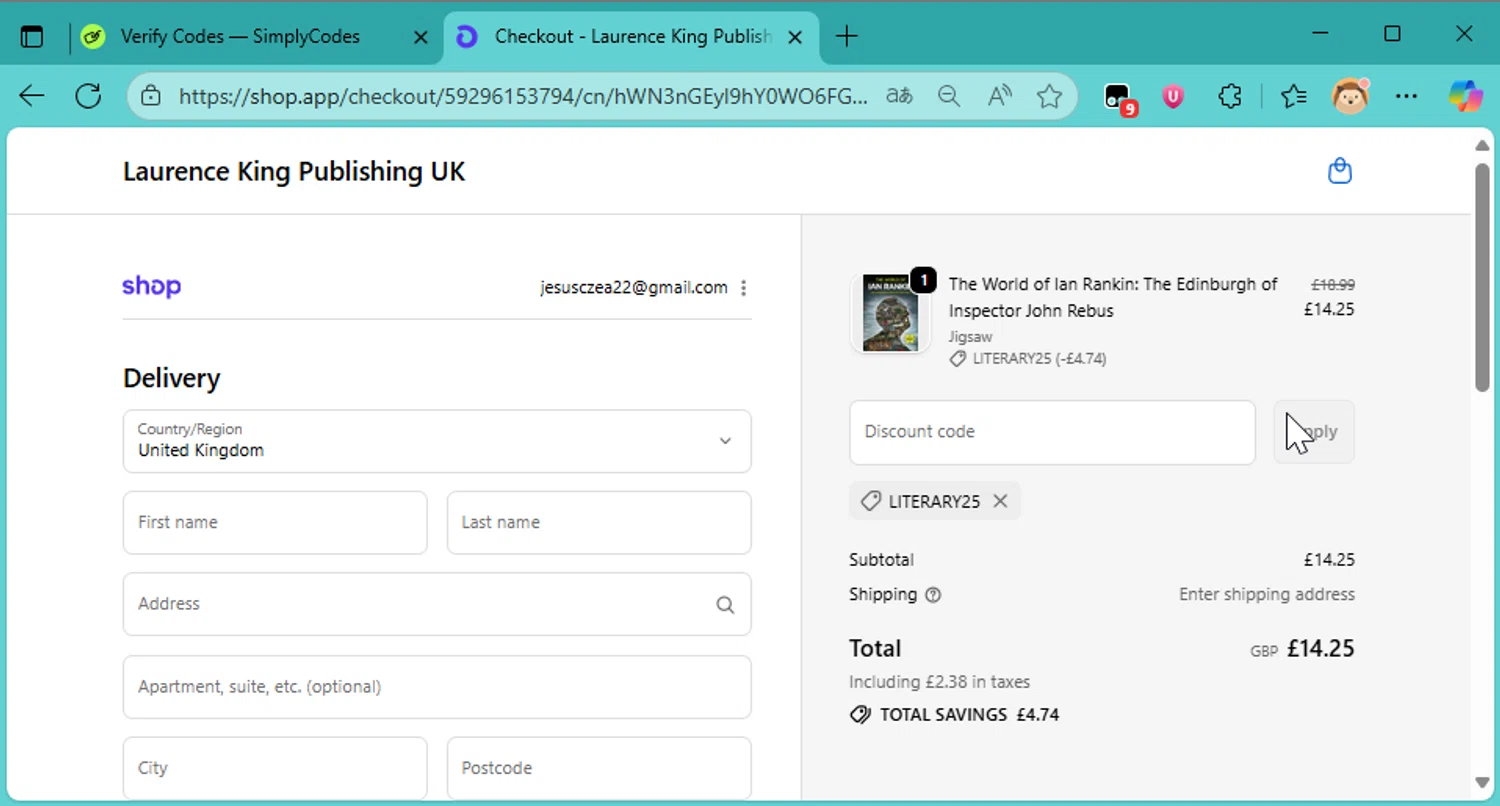 Laurence King discount code screenshot showing code LITERARY25 applied at Laurence King checkout page. Uploaded by SimplyCodes community member DonutPunks on Oct 6, 2025