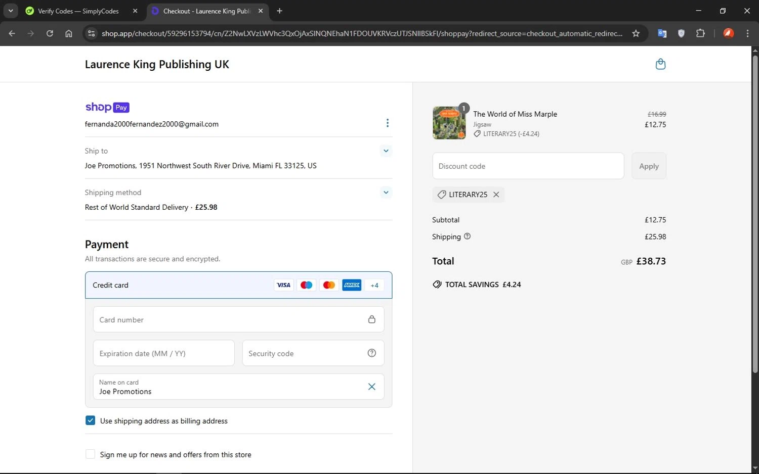 Laurence King discount code screenshot showing code LITERARY25 applied at Laurence King checkout page. Uploaded by SimplyCodes community member VoucherShopper1452 on Apr 25, 2025