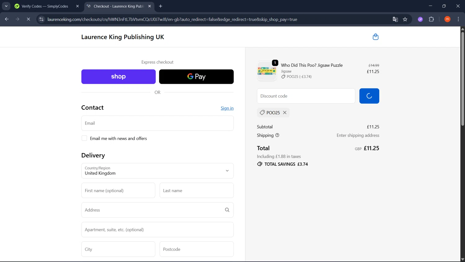 Laurence King discount code screenshot showing code POO25 applied at Laurence King checkout page. Uploaded by SimplyCodes community member PromoMonarch895 on Oct 6, 2025