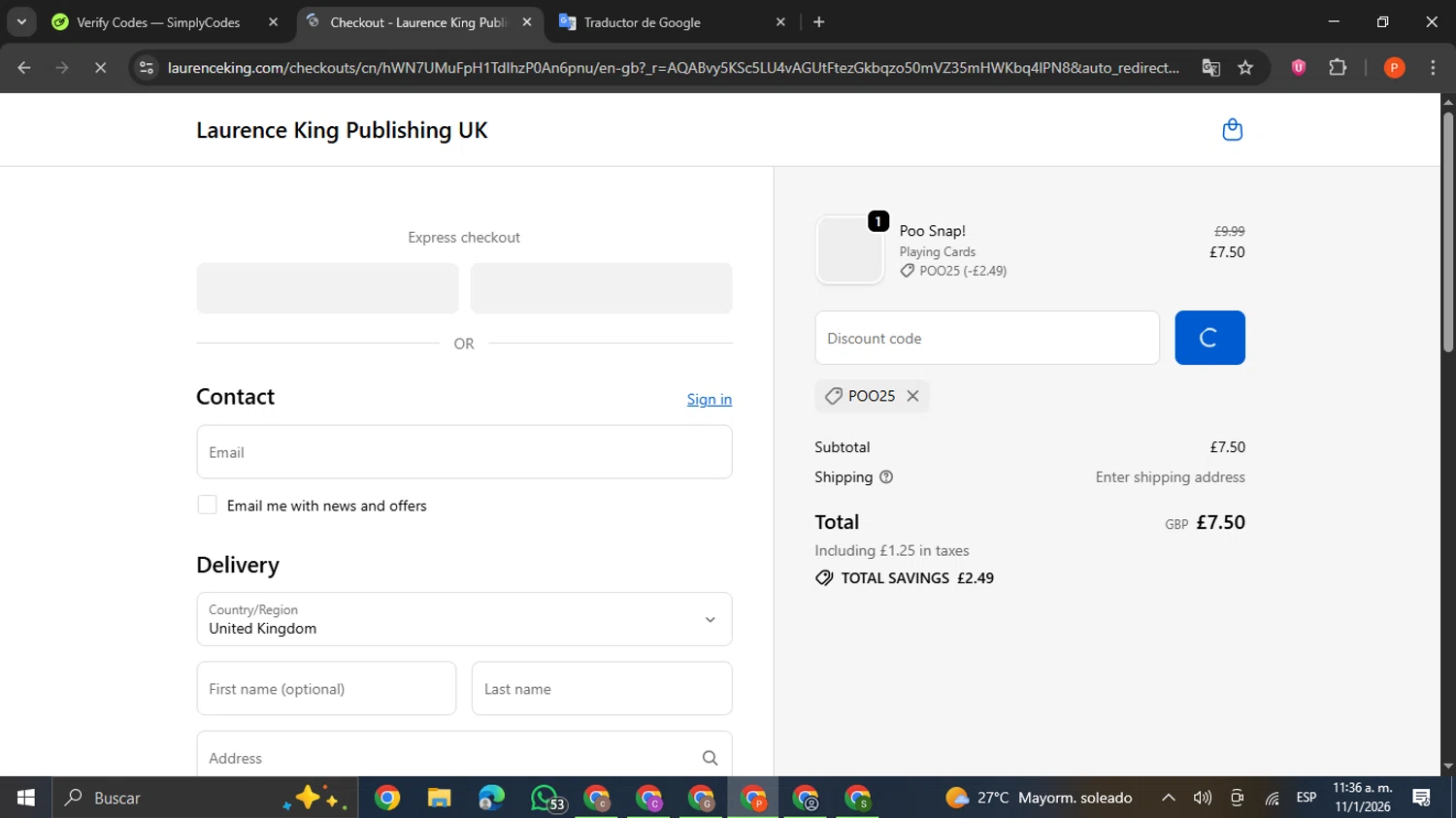 Laurence King checkout page showing Laurence King discount code box | Screenshot taken by SimplyCodes community member on Jan 11, 2026