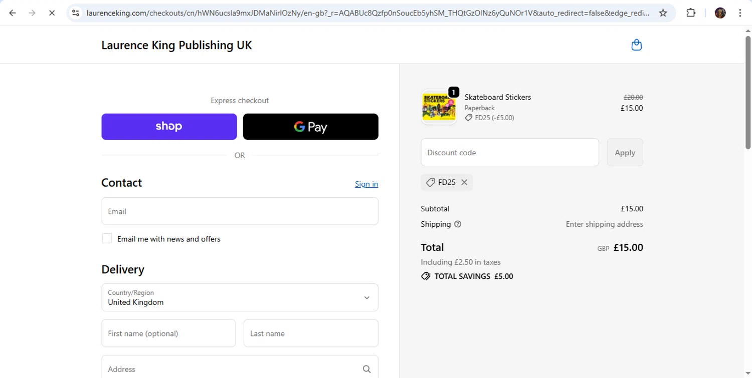 Laurence King discount code screenshot showing code FD25 applied at Laurence King checkout page. Uploaded by SimplyCodes community member RayliMC on Dec 27, 2025
