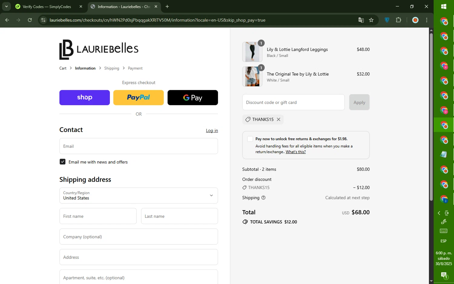 Laurie Belle's Boutique coupon code screenshot showing code THANKS15 applied at Laurie Belle's Boutique checkout page. Uploaded by SimplyCodes community member CashMaverick8128 on Aug 30, 2025