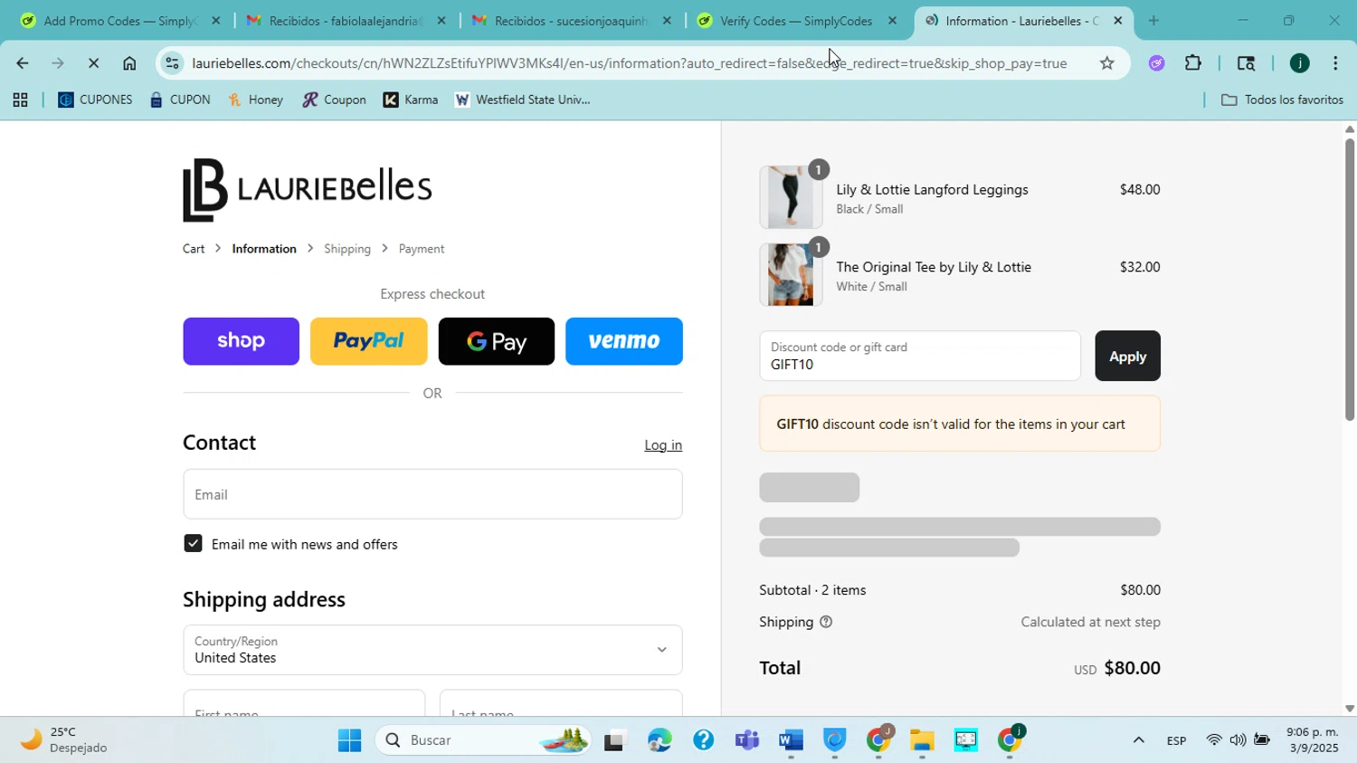 Laurie Belle's Boutique coupon code screenshot showing code GIFT10 applied at Laurie Belle's Boutique checkout page. Uploaded by SimplyCodes community member jorgejavierherrera on Sep 4, 2025