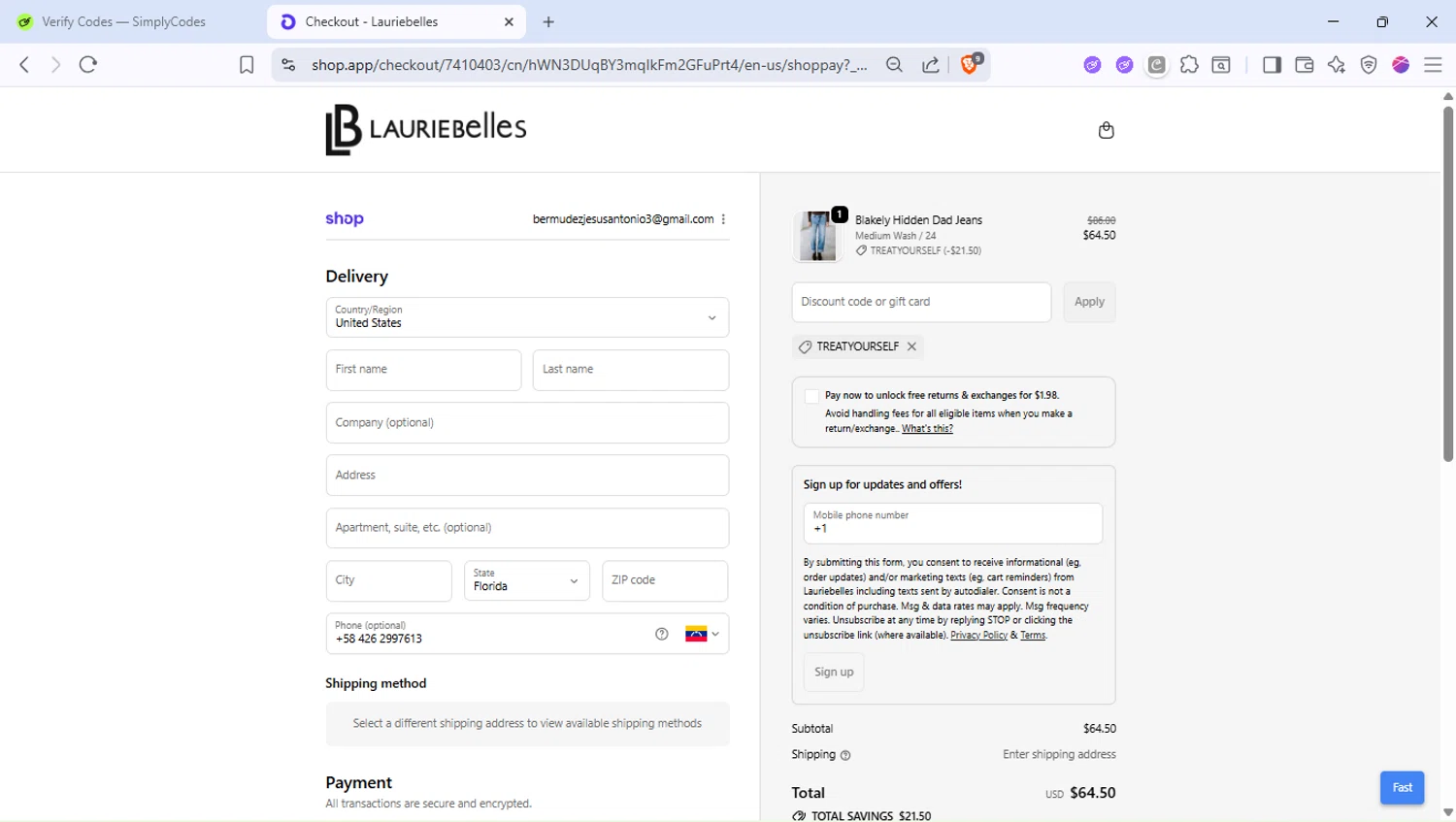Laurie Belle's Boutique coupon code screenshot showing code TREATYOURSELF applied at Laurie Belle's Boutique checkout page. Uploaded by SimplyCodes community member PocoyoTraihard on Sep 21, 2025