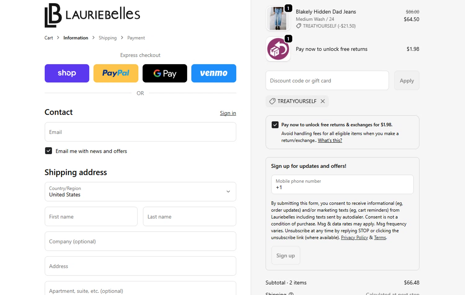 Laurie Belle's Boutique coupon code screenshot showing code TREATYOURSELF applied at Laurie Belle's Boutique checkout page. Uploaded by SimplyCodes community member WonderSaver8569 on Sep 21, 2025