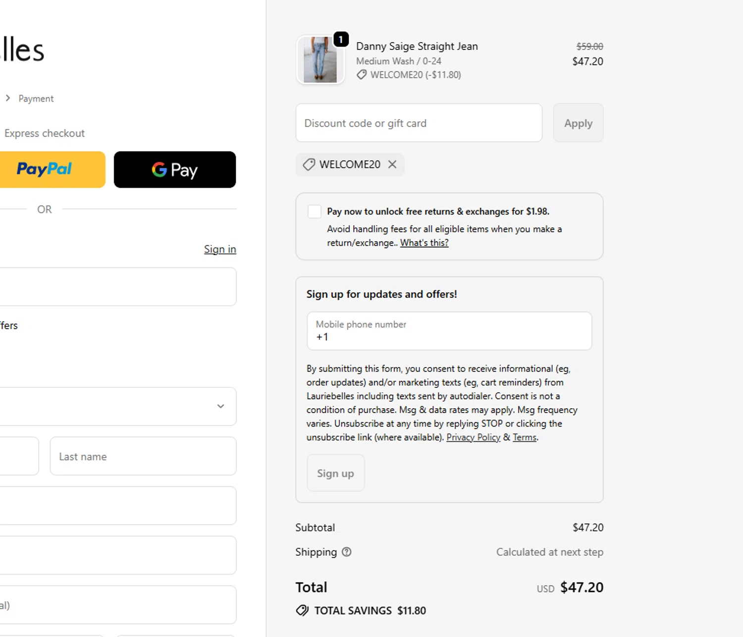 Laurie Belle's Boutique coupon code screenshot showing code welcome20 applied at Laurie Belle's Boutique checkout page. Uploaded by SimplyCodes community member Carlitoxxxxxxxxxxxxxxxxxxxxxxx on Sep 20, 2025