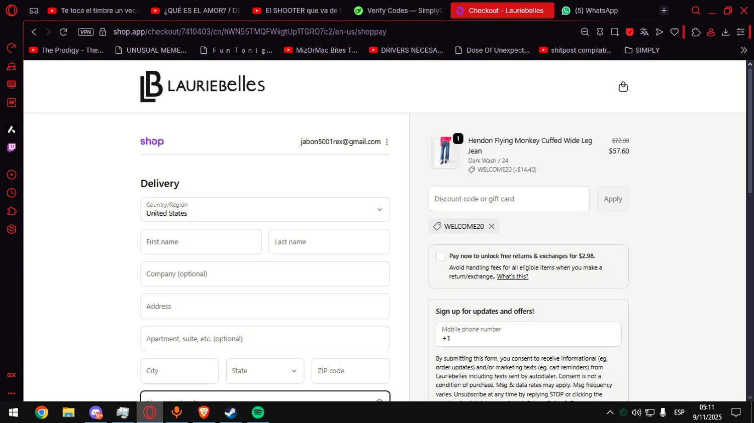 Laurie Belle's Boutique coupon code screenshot showing code welcome20 applied at Laurie Belle's Boutique checkout page. Uploaded by SimplyCodes community member Anteserachido on Nov 9, 2025
