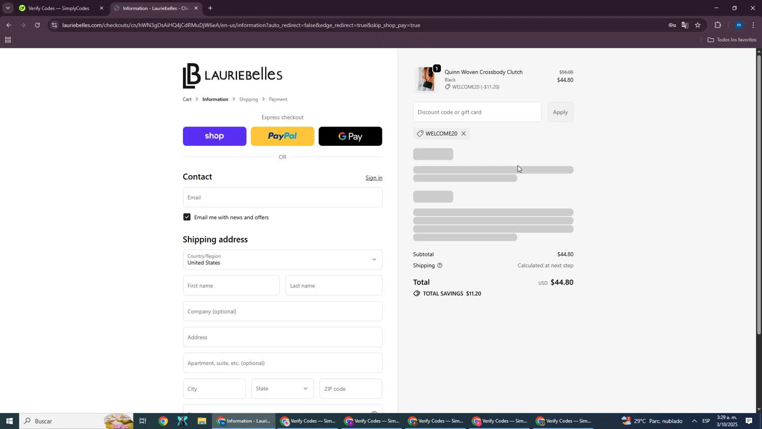 Laurie Belle's Boutique coupon code screenshot showing code welcome20 applied at Laurie Belle's Boutique checkout page. Uploaded by SimplyCodes community member SmartWizard8062 on Oct 3, 2025