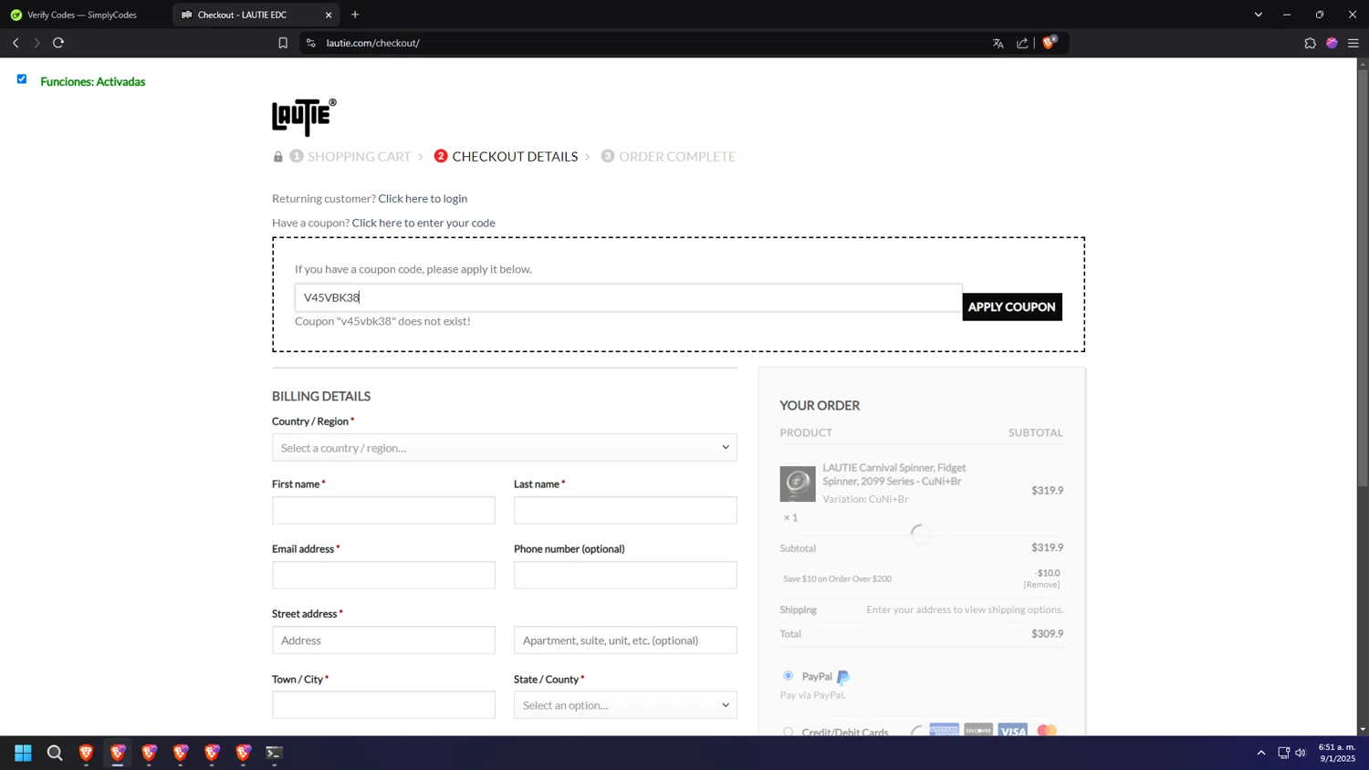 LAUTIE coupon code screenshot showing code V45VBK38 applied at LAUTIE checkout page. Uploaded by SimplyCodes community member 000000ooooooooooo on Jan 9, 2025