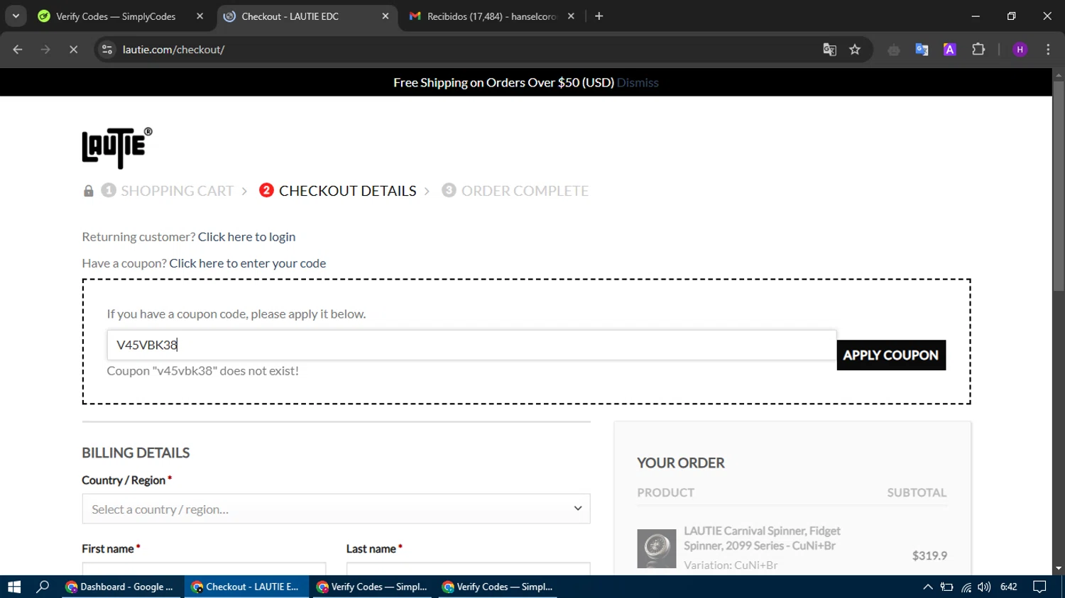 LAUTIE coupon code screenshot showing code V45VBK38 applied at LAUTIE checkout page. Uploaded by SimplyCodes community member tumiedo on Jan 20, 2025