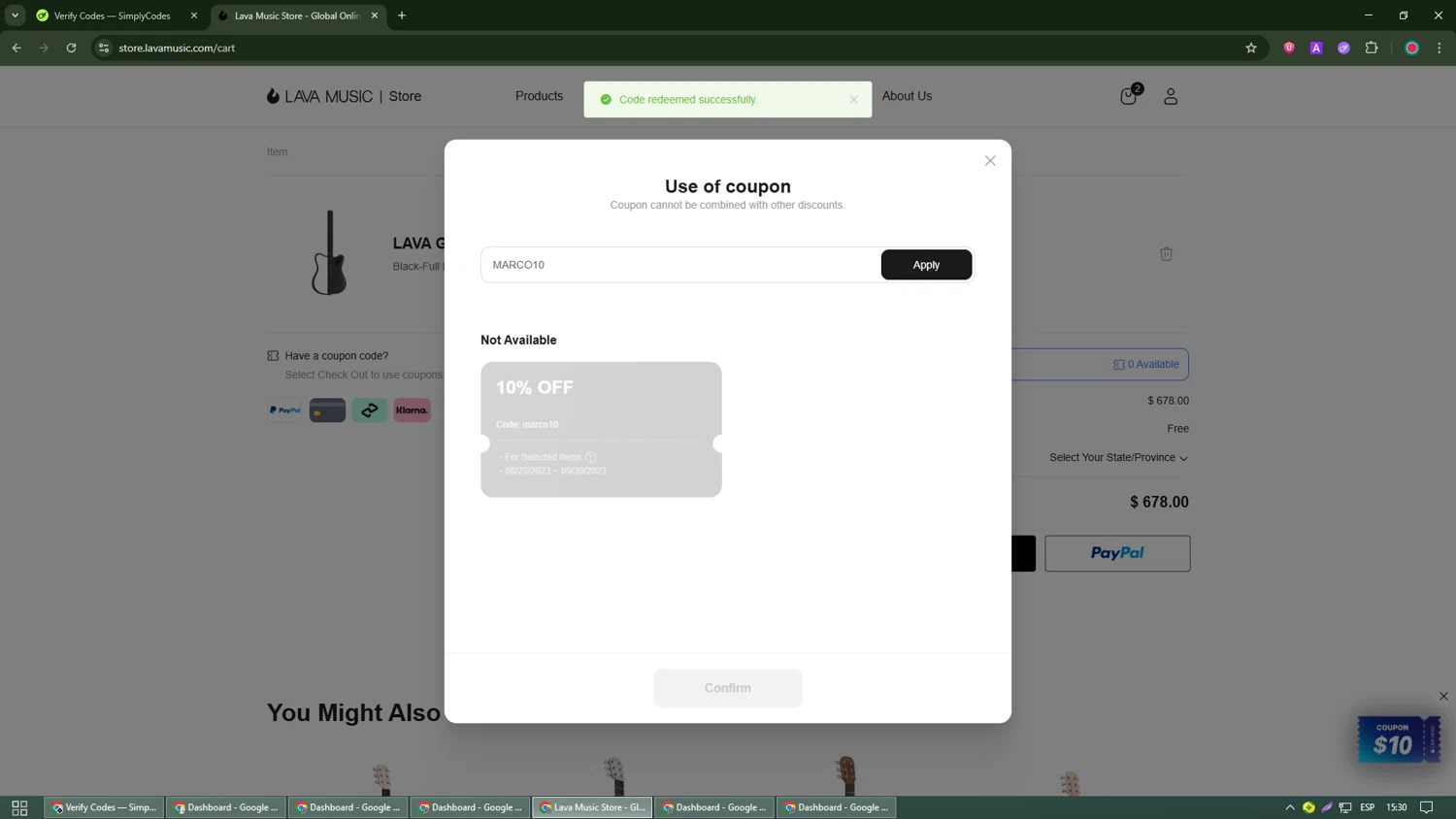 LAVA MUSIC discount code screenshot showing code MARCO10 applied at LAVA MUSIC checkout page. Uploaded by SimplyCodes community member Robert_Williams on Oct 4, 2025