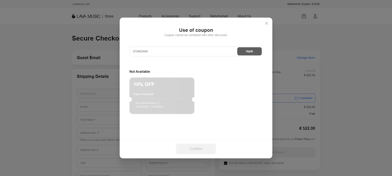 LAVA MUSIC discount code screenshot showing code GTAKEIAIR applied at LAVA MUSIC checkout page. Uploaded by SimplyCodes community member PennyRanger8219 on Jul 3, 2025