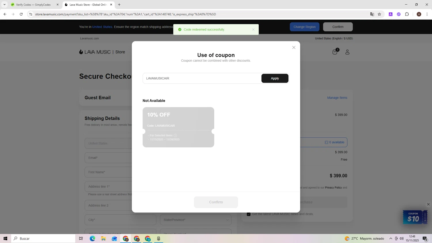 LAVA MUSIC discount code screenshot showing code LAVAMUSICAIR applied at LAVA MUSIC checkout page. Uploaded by SimplyCodes community member ShieldAdmiral2781 on Nov 15, 2025
