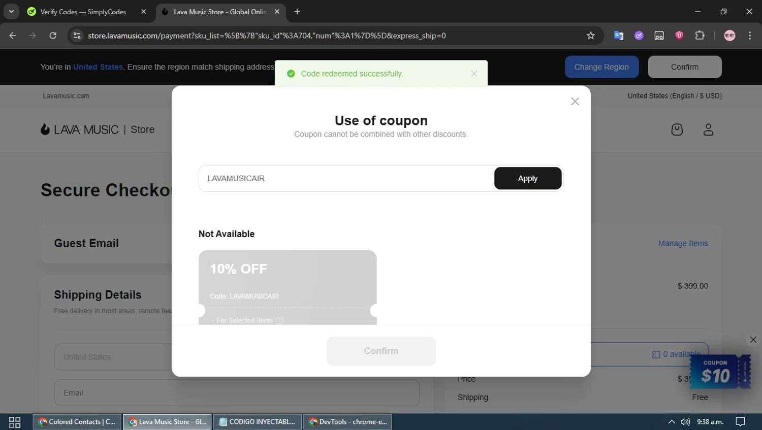LAVA MUSIC discount code screenshot showing code LAVAMUSICAIR applied at LAVA MUSIC checkout page. Uploaded by SimplyCodes community member TEAMSimplyCodes on Aug 16, 2025