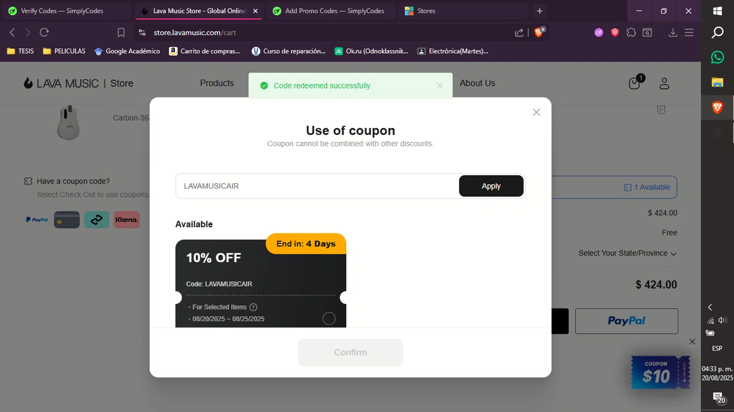 LAVA MUSIC discount code screenshot showing code LAVAMUSICAIR applied at LAVA MUSIC checkout page. Uploaded by SimplyCodes community member xXdevoragoticas69Xx on Aug 20, 2025