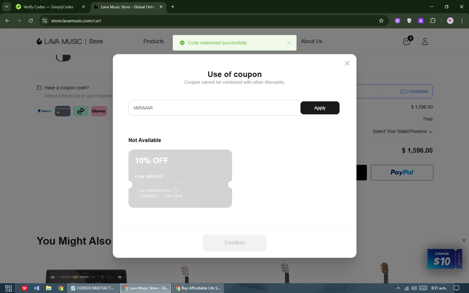 LAVA MUSIC discount code screenshot showing code MIRAAIR applied at LAVA MUSIC checkout page. Uploaded by SimplyCodes community member TreasureCurator3039 on Dec 2, 2025