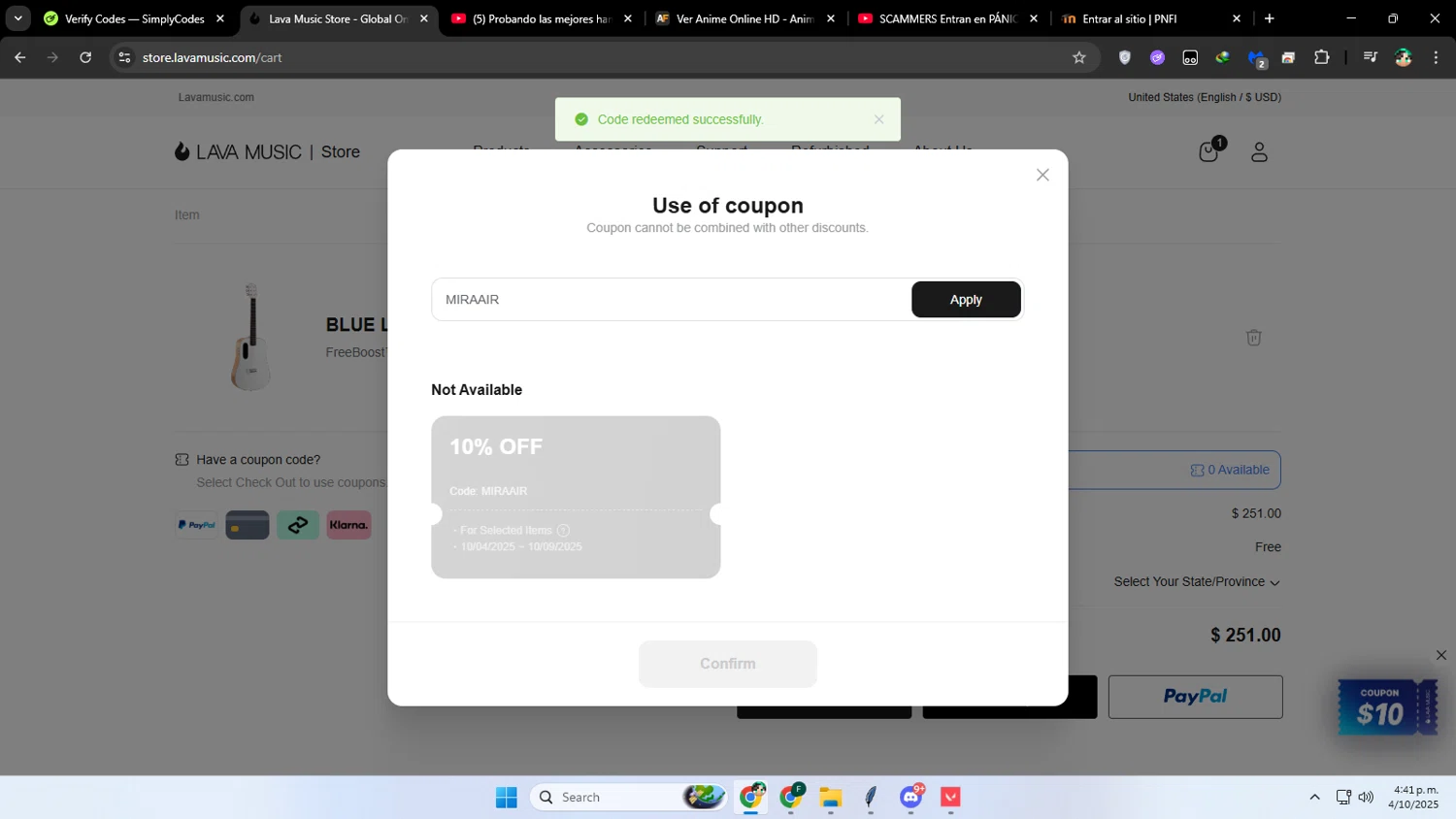 LAVA MUSIC discount code screenshot showing code MIRAAIR applied at LAVA MUSIC checkout page. Uploaded by SimplyCodes community member franalepe on Oct 4, 2025
