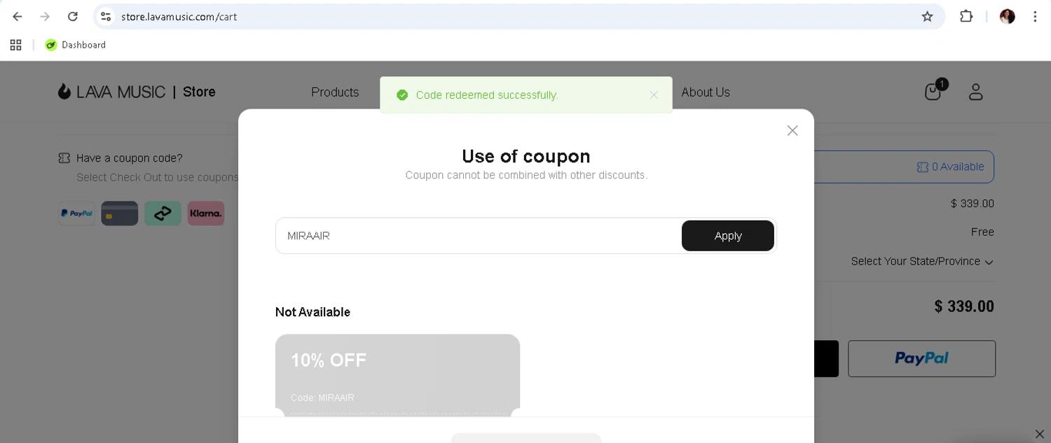 LAVA MUSIC discount code screenshot showing code MIRAAIR applied at LAVA MUSIC checkout page. Uploaded by SimplyCodes community member monicacaraballo on Oct 4, 2025