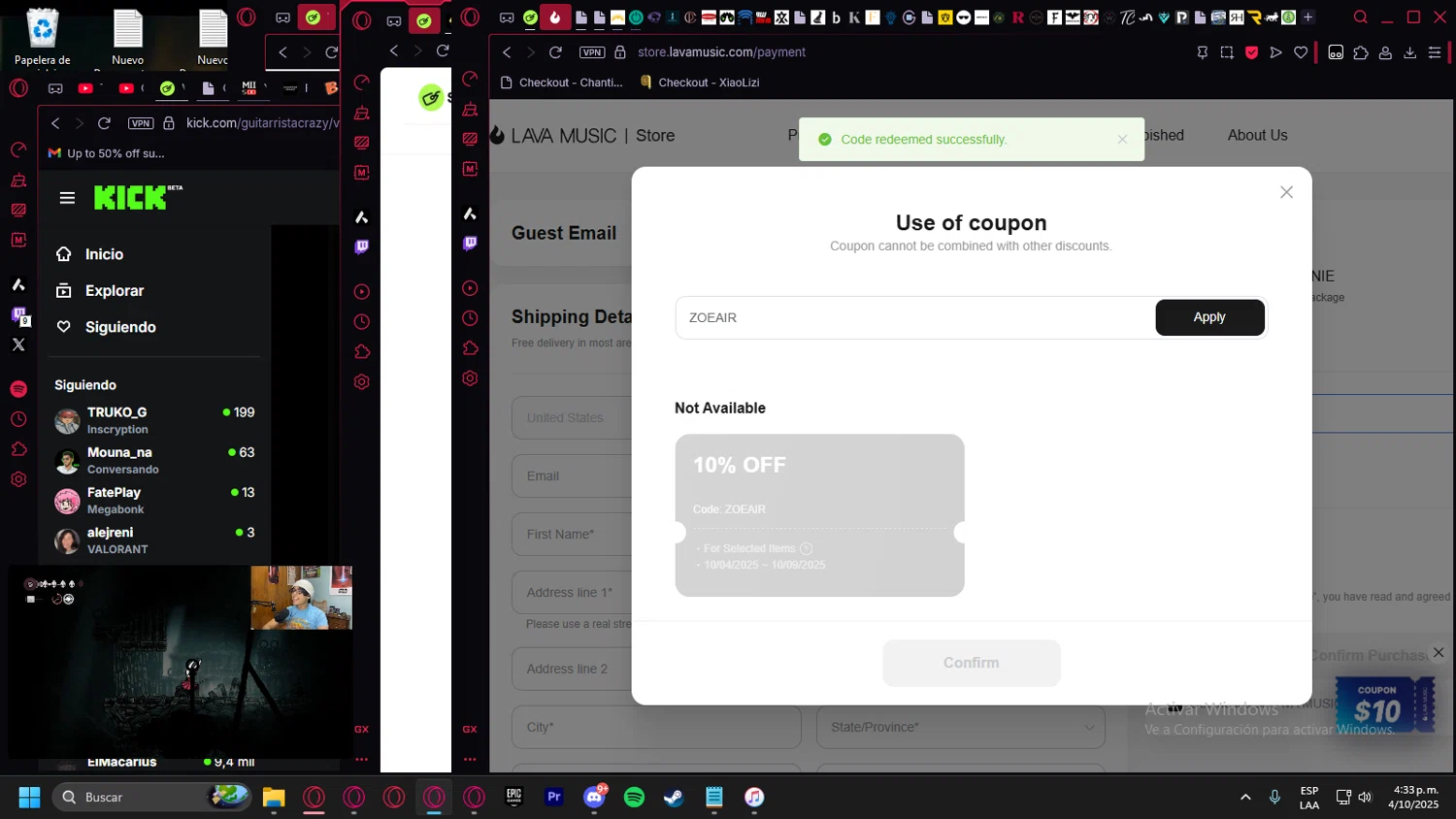 LAVA MUSIC discount code screenshot showing code ZOEAIR applied at LAVA MUSIC checkout page. Uploaded by SimplyCodes community member Halanweik on Oct 4, 2025