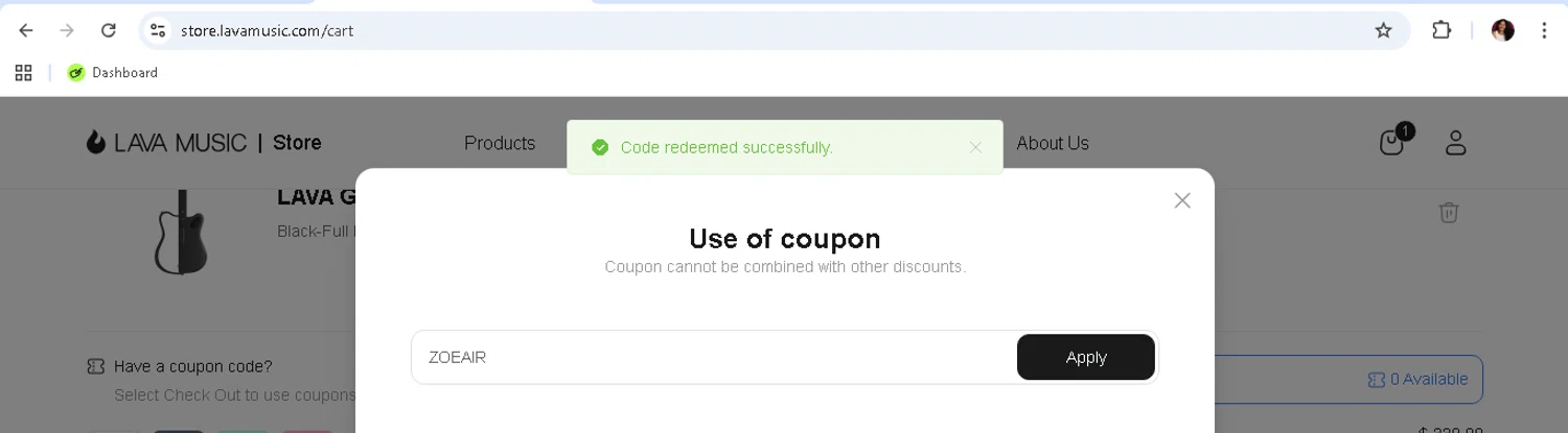 LAVA MUSIC discount code screenshot showing code ZOEAIR applied at LAVA MUSIC checkout page. Uploaded by SimplyCodes community member monicacaraballo on Oct 4, 2025