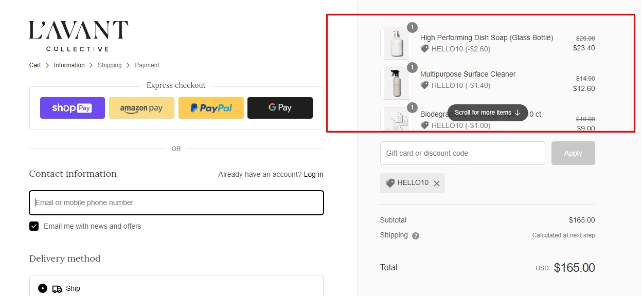 L'AVANT Collective checkout page showing L'AVANT Collective promo code box | Screenshot taken by SimplyCodes community member on Sep 9, 2022