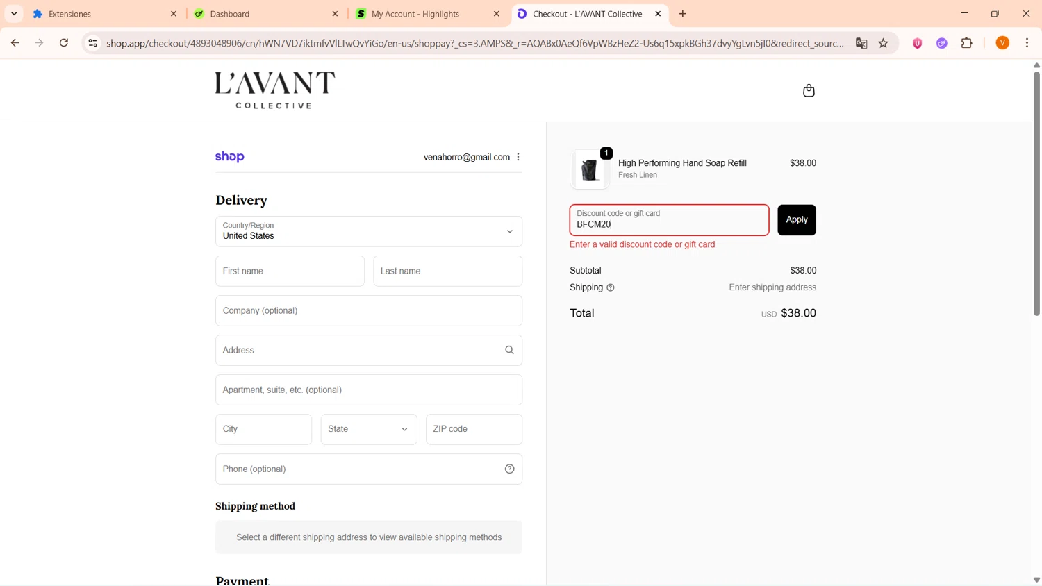 L'AVANT Collective promo code screenshot showing code BFCM20 applied at L'AVANT Collective checkout page. Uploaded by SimplyCodes community member FortunateFinder9465 on Jan 12, 2026