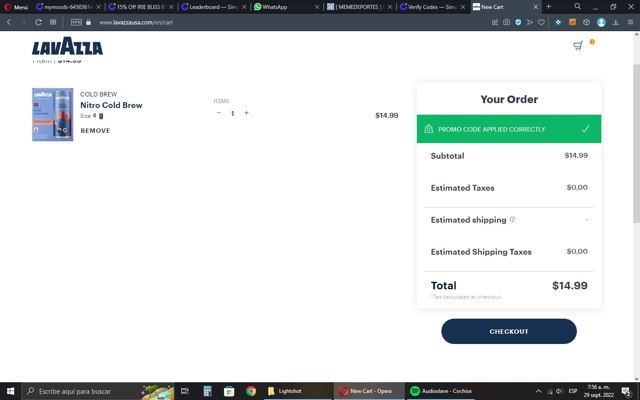 Lavazza checkout page showing Lavazza promo code box | Screenshot taken by SimplyCodes community member on Sep 29, 2022