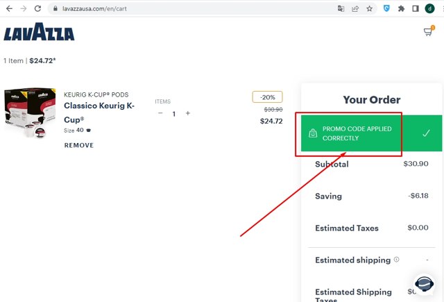 Lavazza checkout page showing Lavazza promo code box | Screenshot taken by SimplyCodes community member on Oct 23, 2022