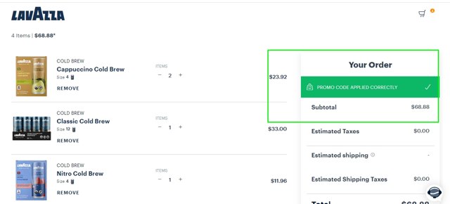 Lavazza checkout page showing Lavazza promo code box | Screenshot taken by SimplyCodes community member on Oct 25, 2022