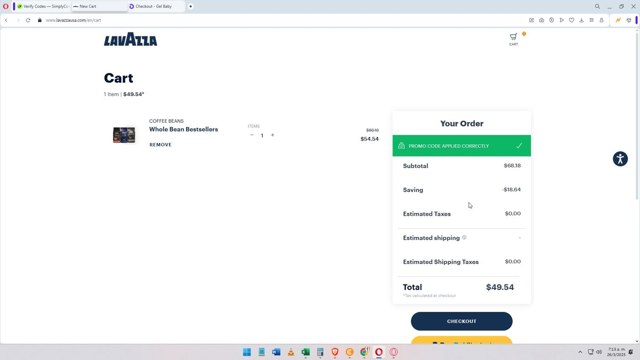 Lavazza checkout page showing Lavazza promo code box | Screenshot taken by SimplyCodes community member on Mar 26, 2025
