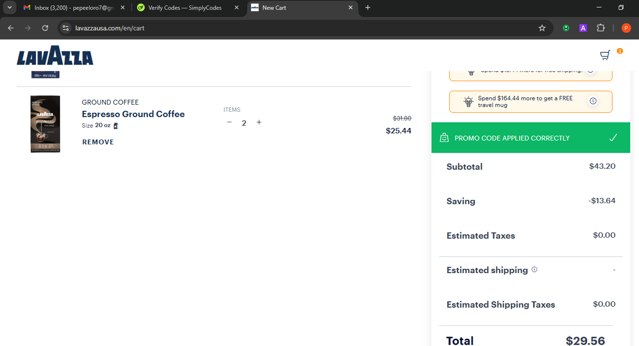 Lavazza checkout page showing Lavazza promo code box | Screenshot taken by SimplyCodes community member on Aug 14, 2025