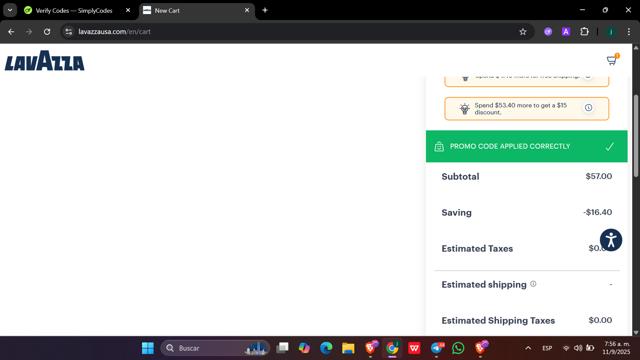Lavazza US checkout page showing Lavazza US promo code box | Screenshot taken by SimplyCodes community member on Sep 11, 2025