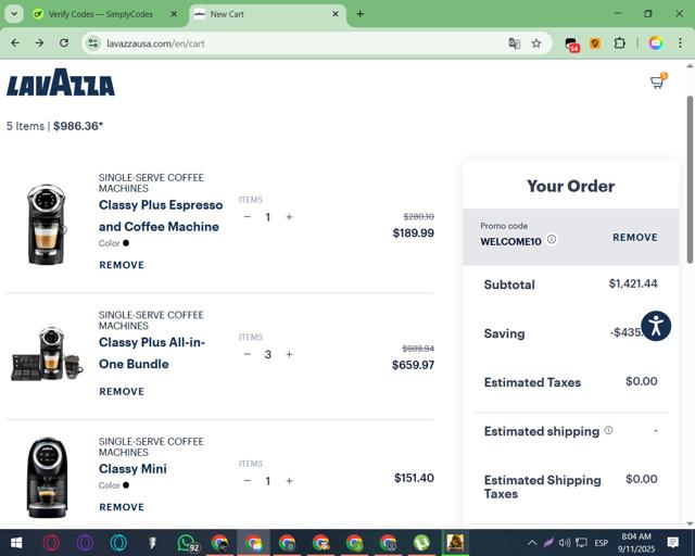 Lavazza US checkout page showing Lavazza US promo code box | Screenshot taken by SimplyCodes community member on Sep 11, 2025