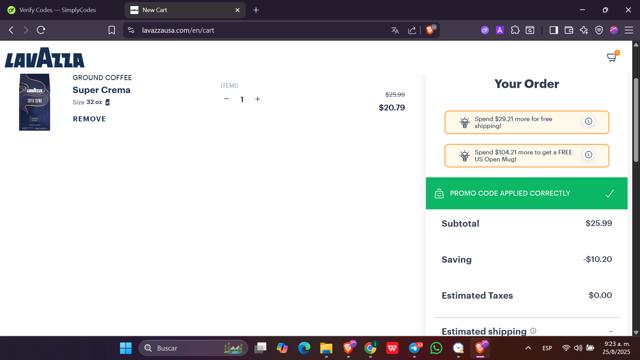 Lavazza US checkout page showing Lavazza US promo code box | Screenshot taken by SimplyCodes community member on Aug 25, 2025