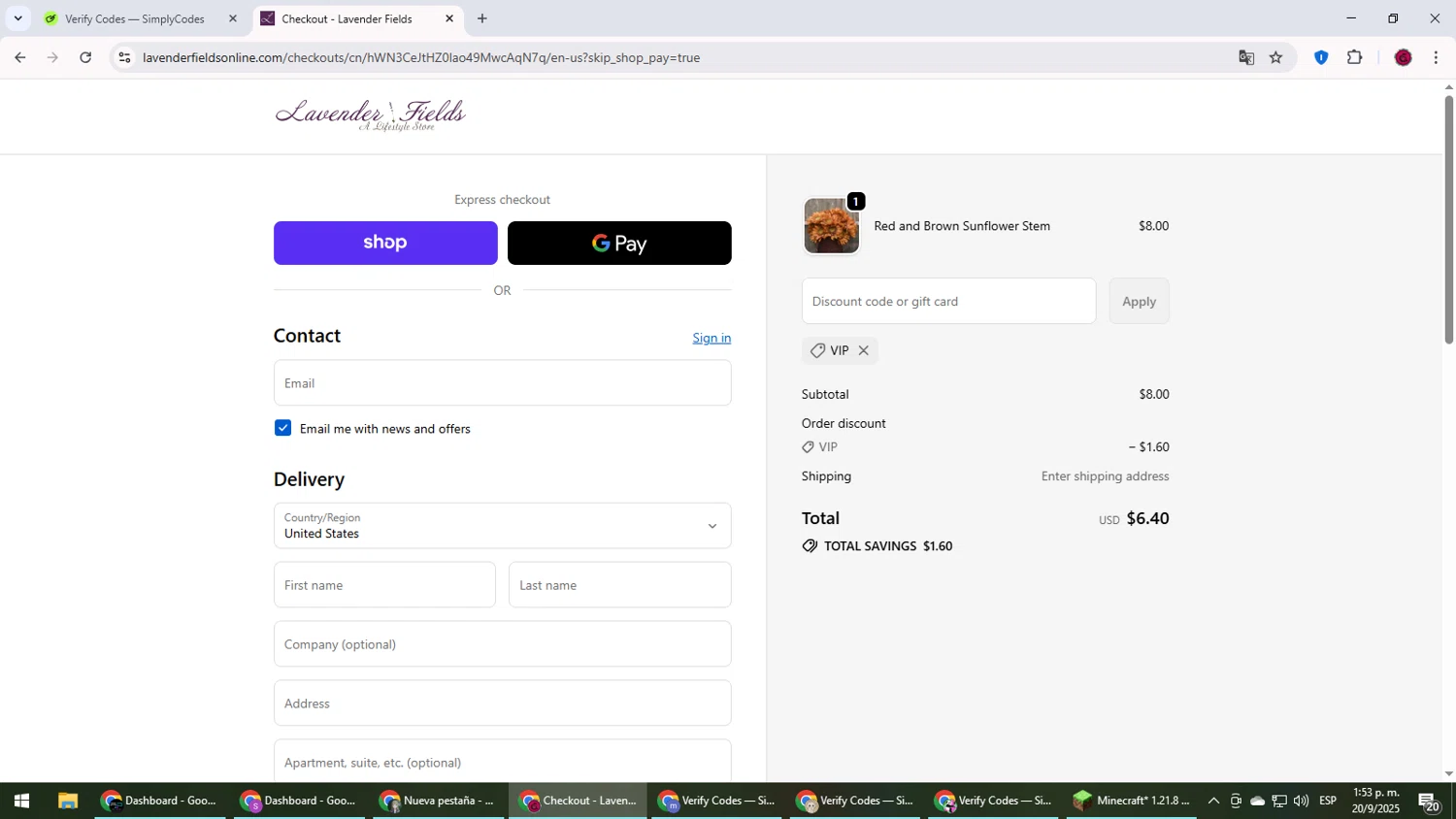 Lavender Fields promo code screenshot showing code VIP applied at Lavender Fields checkout page. Uploaded by SimplyCodes community member MightyLegend6657 on Sep 20, 2025