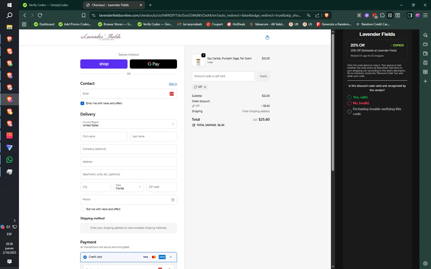 Lavender Fields promo code screenshot showing code VIP applied at Lavender Fields checkout page. Uploaded by SimplyCodes community member jMoya06 on Oct 3, 2025
