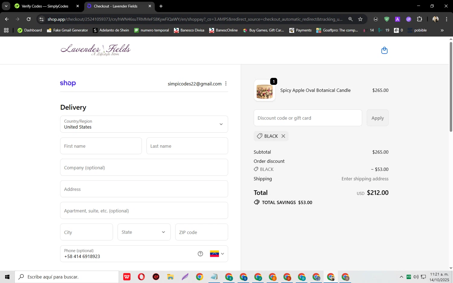 Lavender Fields promo code screenshot showing code Black applied at Lavender Fields checkout page. Uploaded by SimplyCodes community member jeysosmoore on Oct 14, 2025