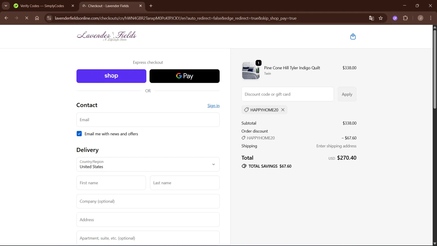 Lavender Fields promo code screenshot showing code HAPPYHOME20 applied at Lavender Fields checkout page. Uploaded by SimplyCodes community member WisePro3955 on Oct 18, 2025