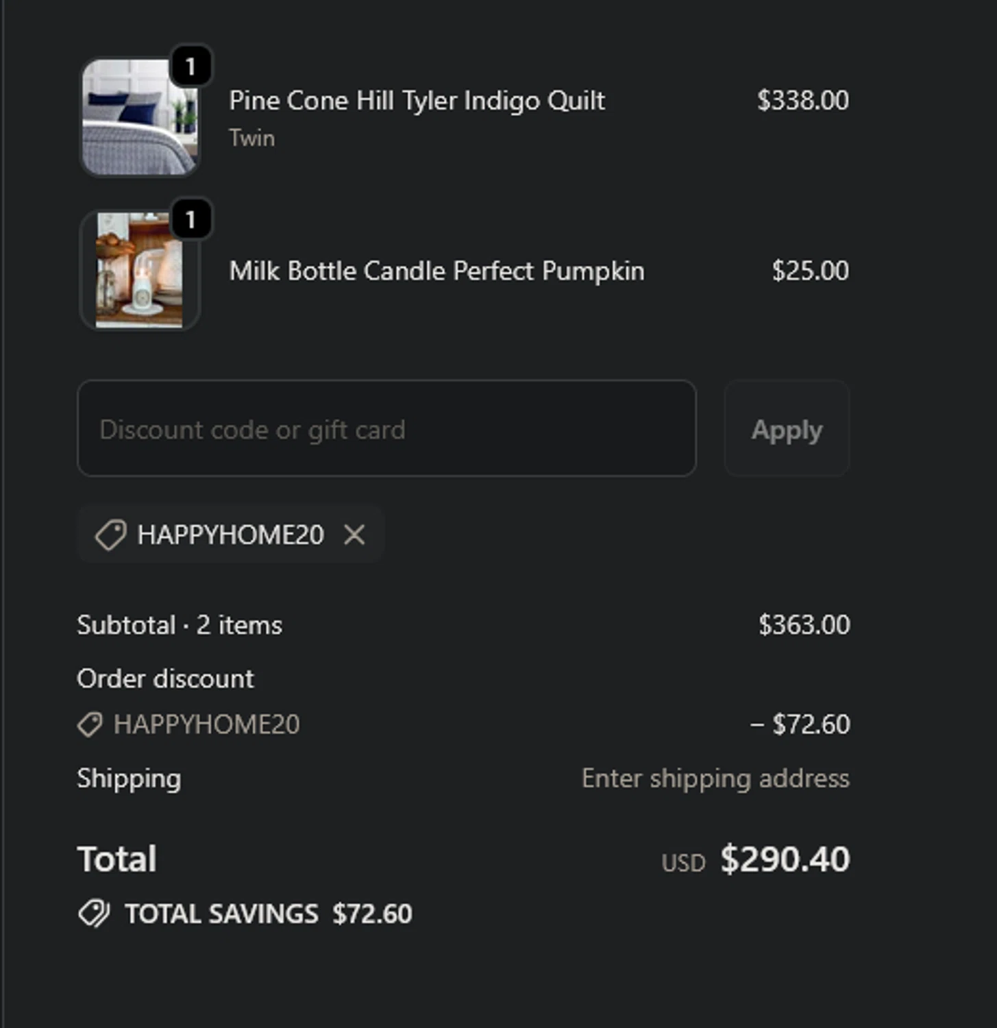 Lavender Fields promo code screenshot showing code HAPPYHOME20 applied at Lavender Fields checkout page. Uploaded by SimplyCodes community member xocelot44x on Dec 10, 2025